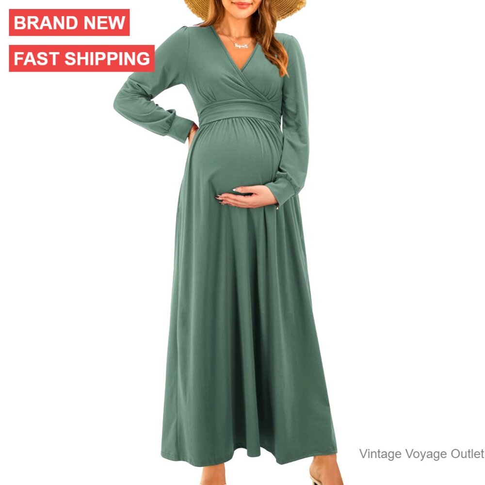 Maternity Maxi Dress Long Sleeve Wrap V Neck Nursing Pregnancy Fall Winter